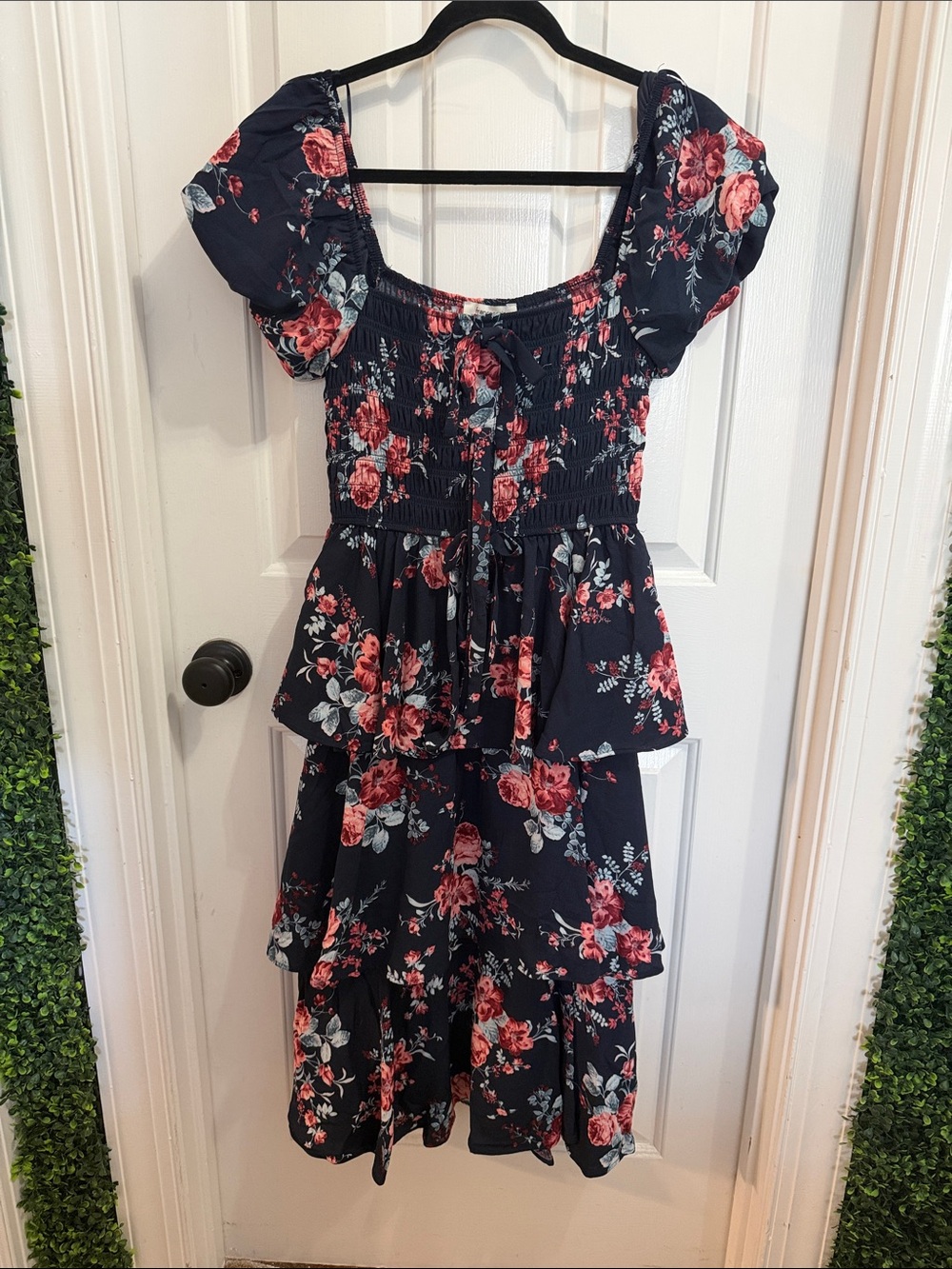 Francesca's Navy Floral Smocked Midi Dress with Coral Accents